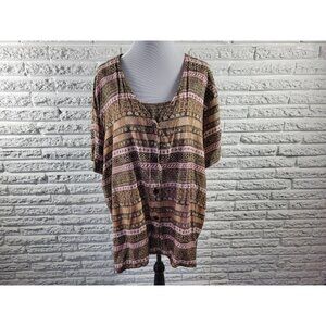 Sag Harbor Women Top 3X Plus Short Sleeve Brown Geometric Button Up GEO90E